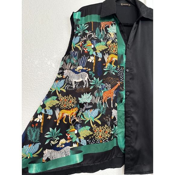 Zara Black Top L Jungle Safari Animal Print Asymmetrical Artcore Blouse SilkFeel - Picture 2 of 8